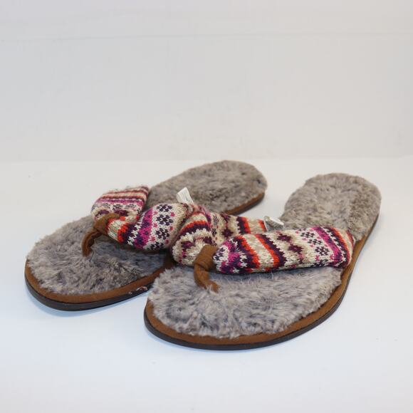 Dearfoams Fair Isle Knit Thong Slippers Gray Faux Fur Size L (11–12) - Picture 2 of 5